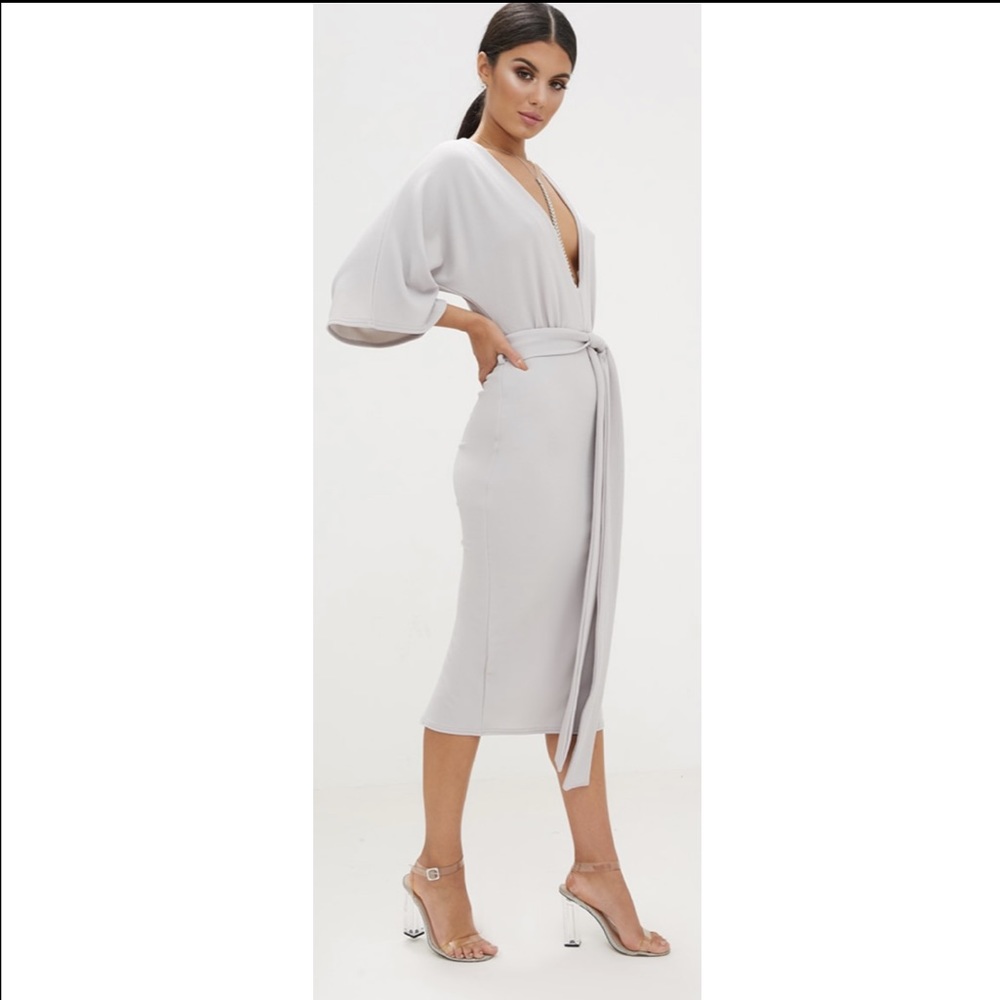 Ice Grey Kimono Sleeve Tie Waist Midi Dress